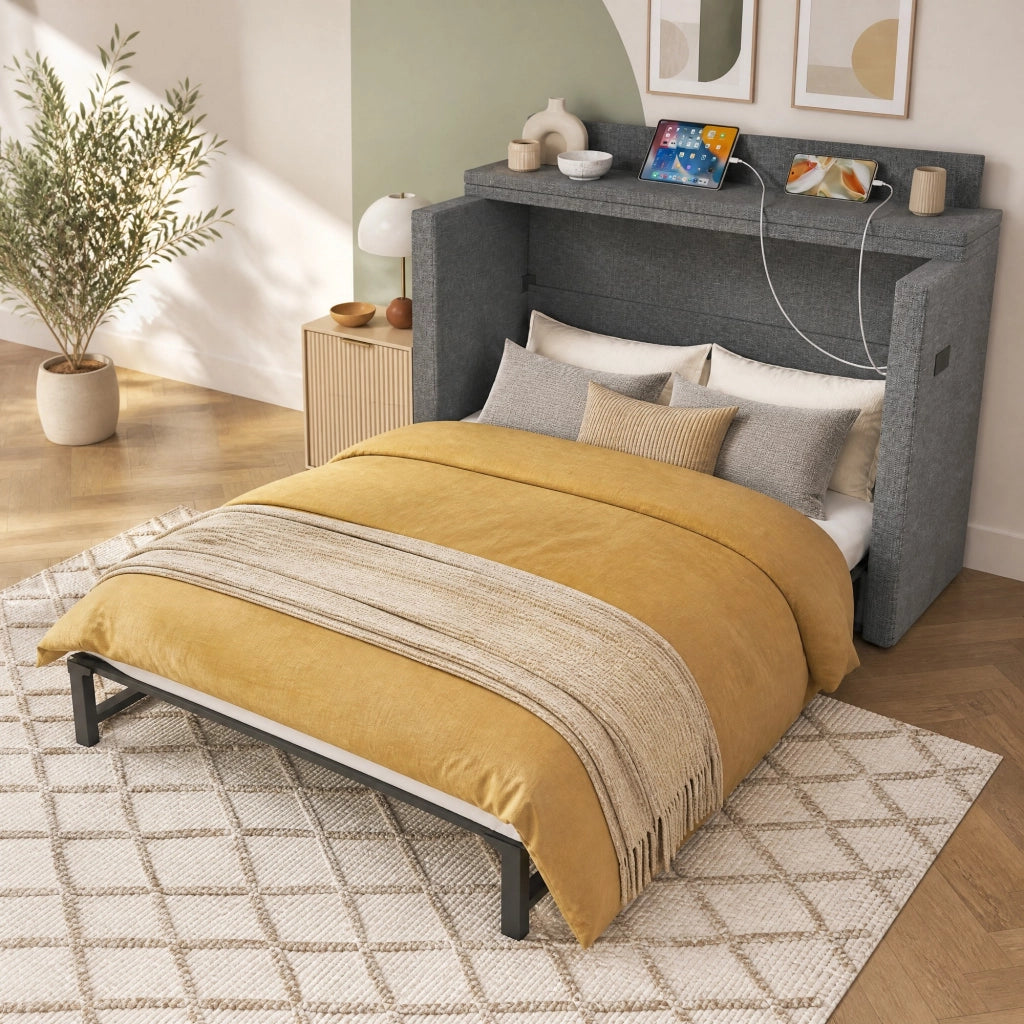 Letto armadio 140 x 200 con cassetto, USB e Type-C, grigio