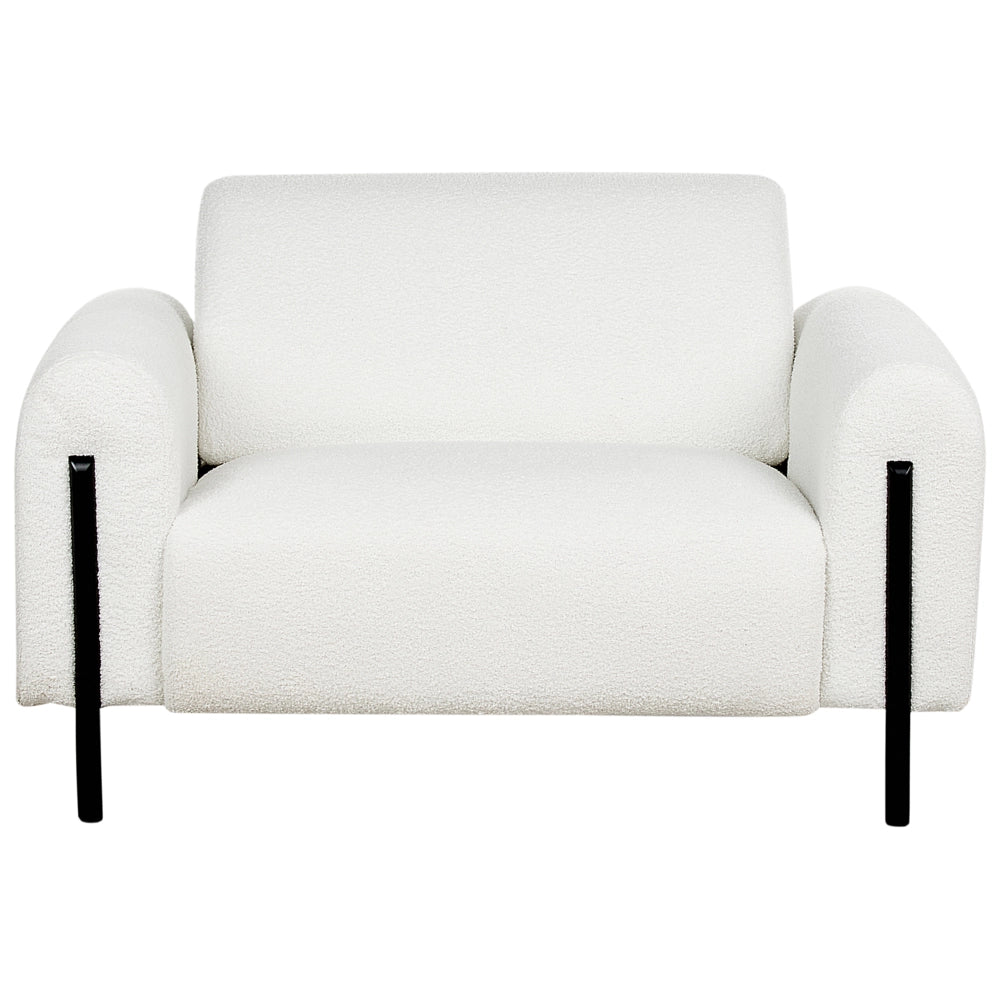 Poltrona in tessuto bouclè bianco schienale regolabile gambe in metallo stile moderno