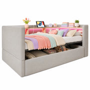 Letto contenitore singolo 90×190 cm con LED; prese e ripiani; senza materasso; flanella; grigio chiaro