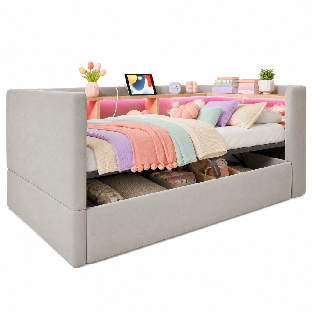 Letto contenitore singolo 90×190 cm con LED; prese e ripiani; senza materasso; flanella; grigio chiaro