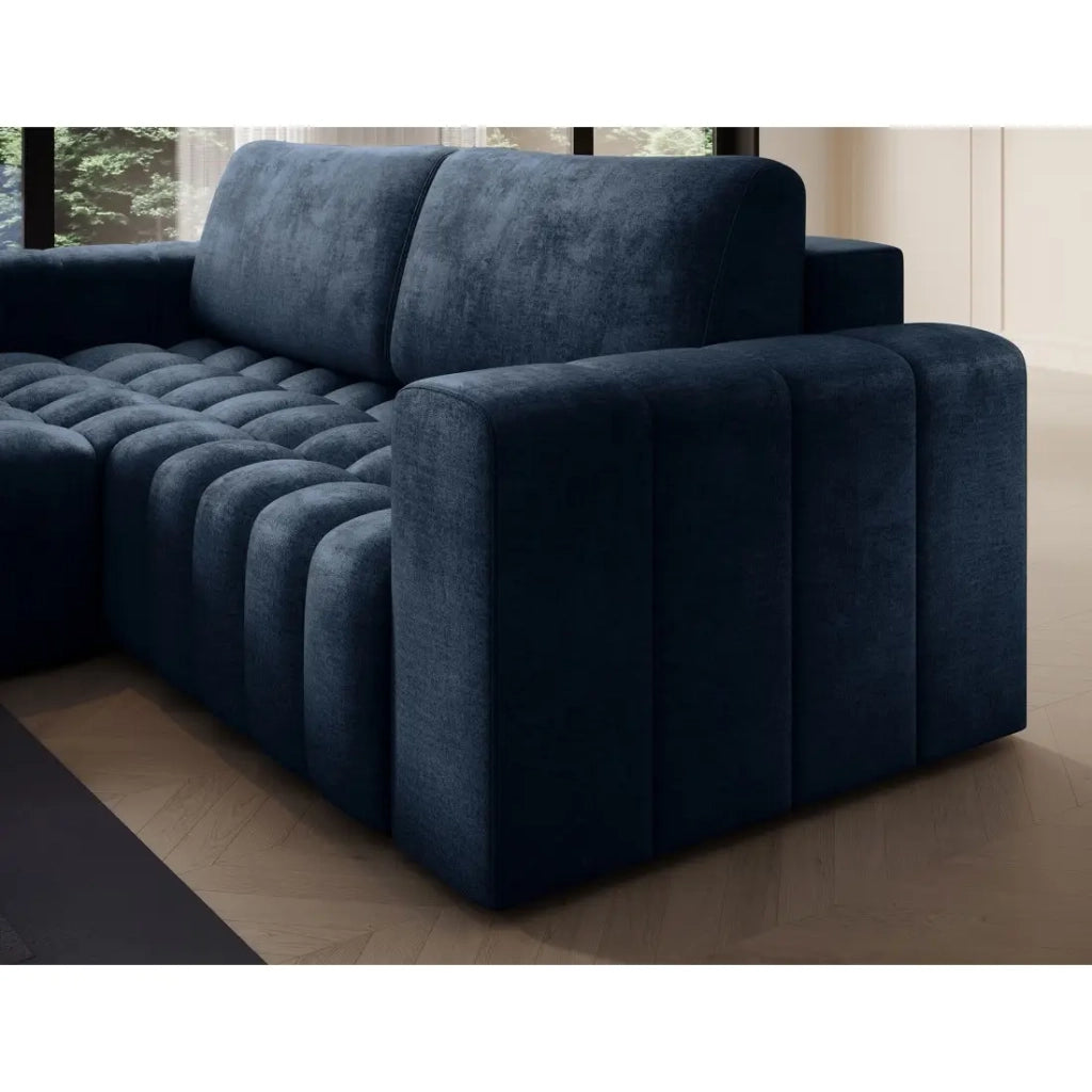 Divano angolare trasformabile DORY blu scuro 250 cm con contenitore angolo sinistro