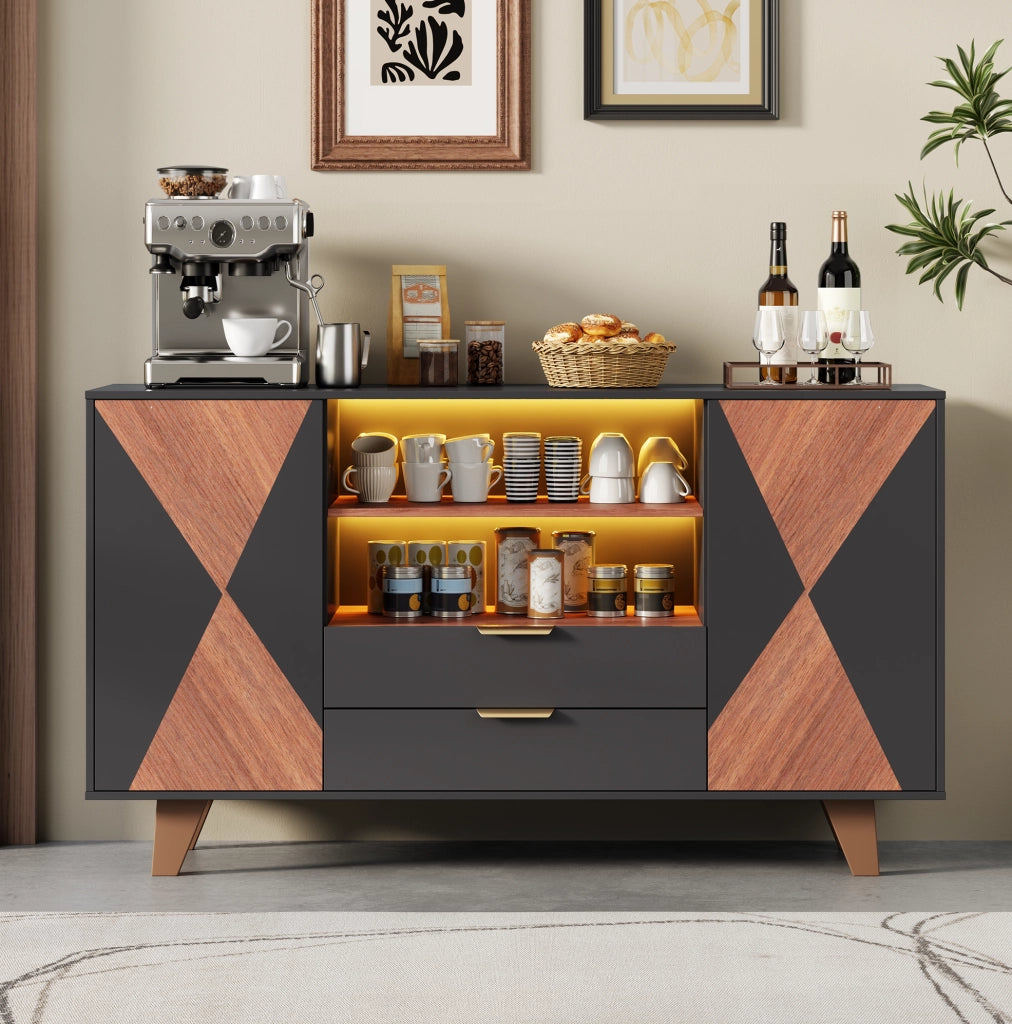 Credenza contenitore LED 150 x 40 x 90 cm, MDF naturale e nero
