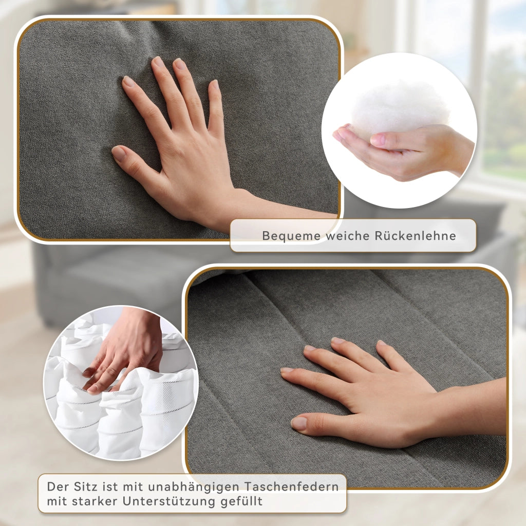 Divano angolare modulare 5 posti con pouf mobile e seduta ampia con cuscini per soggiorno in cotone e lino grigio