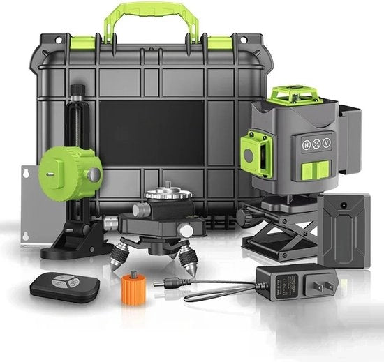 Laser a distanza - Laser - Metro laser - Laser a luce laser - 4D - 16 Linee - 360° - Verde - Con batteria - Con valigetta - con Accessori