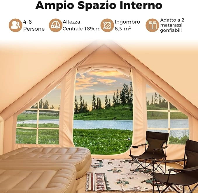 Tenda da Campeggio Gonfiabile, Tenda da Campeggio in Tessuto Oxford per 4-6 Persone con Pompa, Finestre a Rete, Porte e Borsa da Trasporto, 300 x 210 x 197 cm