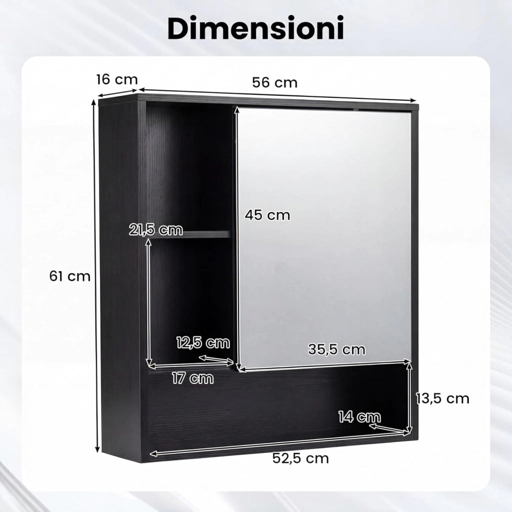 Mobile Bagno con Specchio, Specchio Bagno Contenitore con Porta Singola e 3 Ripiani Aperti, Mobiletto Salvaspazio in Legno per Lavanderia e Ingresso, 56 x 16 x 61 cm (Nero)