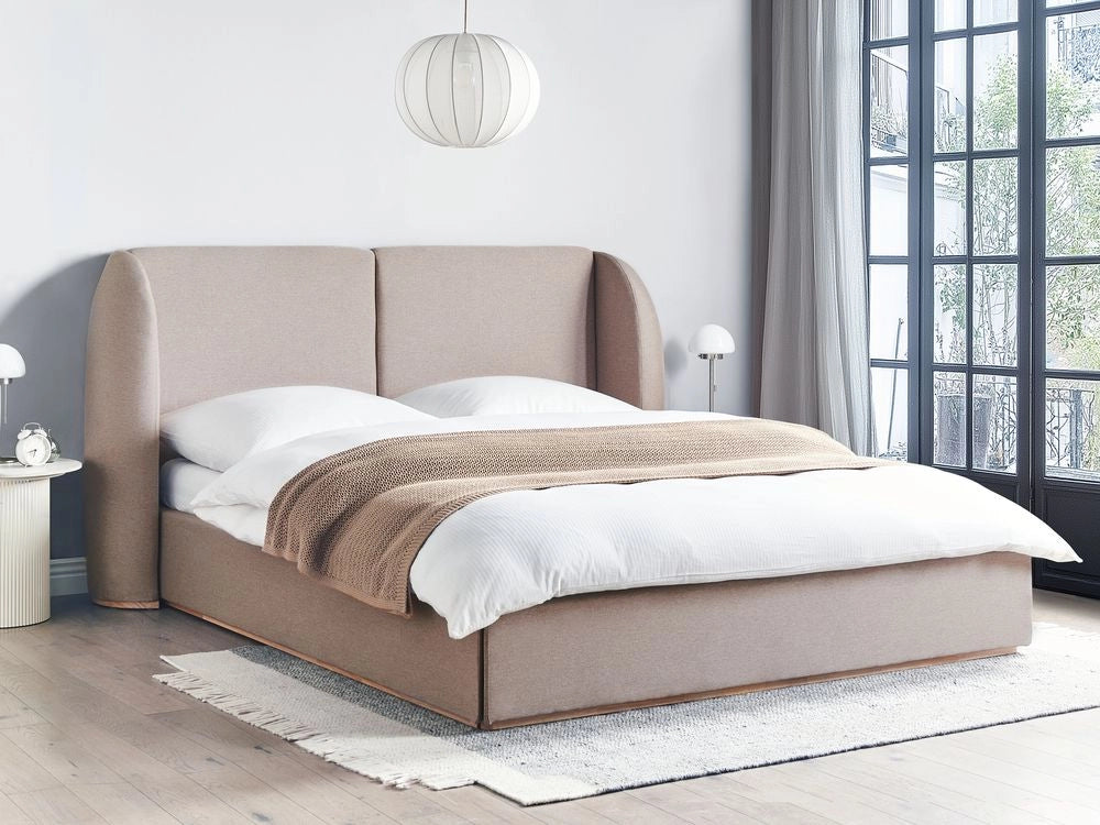 Letto matrimoniale con contenitore rivestito in tessuto tortora con ampia testata 180 x 200 cm camera da letto elegante