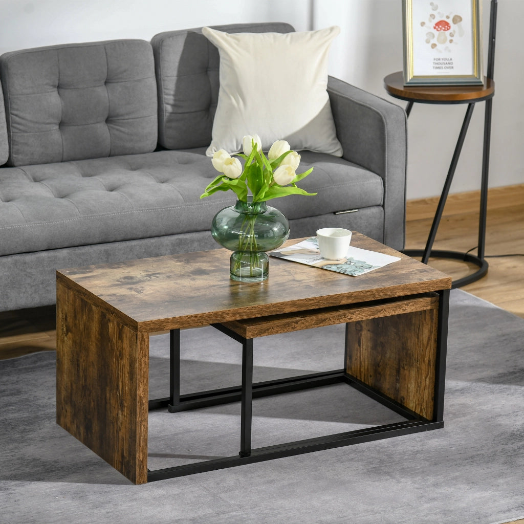Set 2 Tavolini da Caff¨¨ Impilabili ¨C Xylo ¨C Legno Effetto Invecchiato e Metallo Nero 90x48x42cm