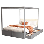 Letto con Cassetti 140x200 cm - Schienale Imbottito e Tenda - in Legno Grigio