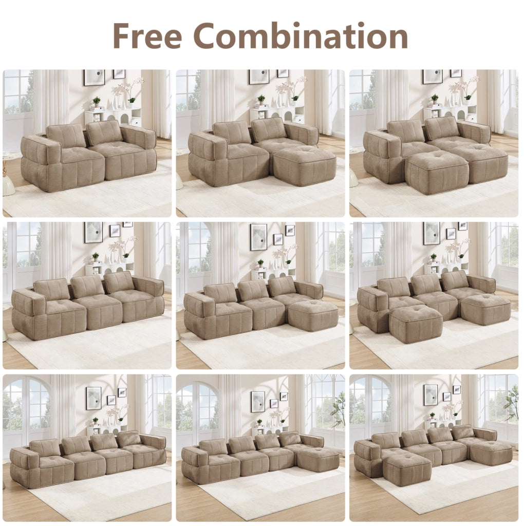 Divano modulare angolare 3 posti con pouf 271x162x67 cm in poliestere color sabbia