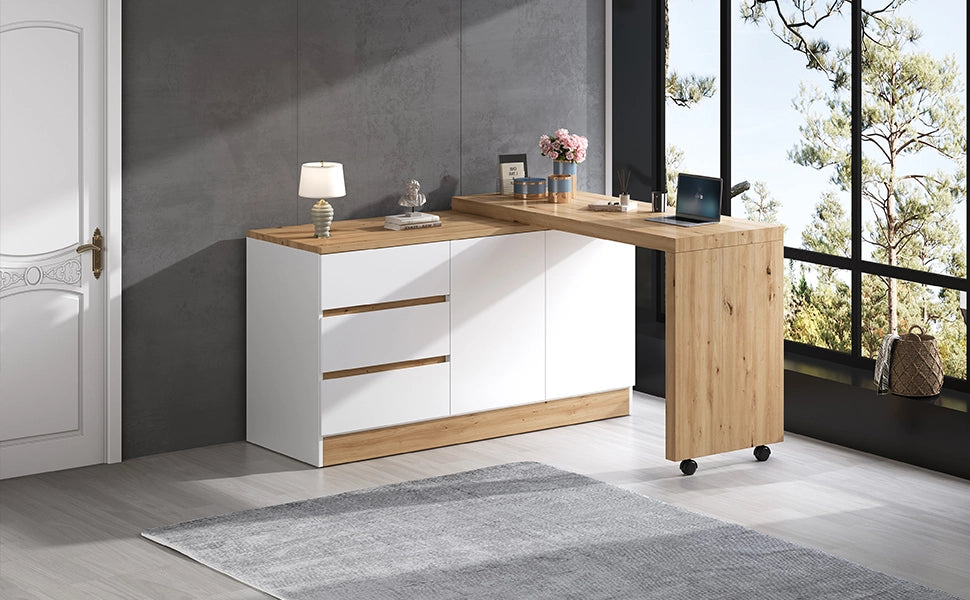 Scrivania pieghevole multifunzionale con 2 ante e 3 cassetti, girevole, per home office, bianco e rovere, 120 × 50 × 78 cm
