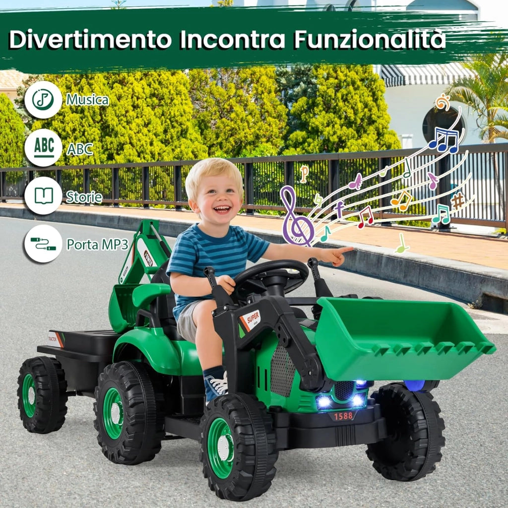 4 in 1 Trattore Elettrico per Bambini, Trattore Cavalcabile per Bambini 3-8 Anni con Telecomando Rimorchio e Cucchiaia Staccabile, Velocità Regolabile, Doppi Motori (Verde)