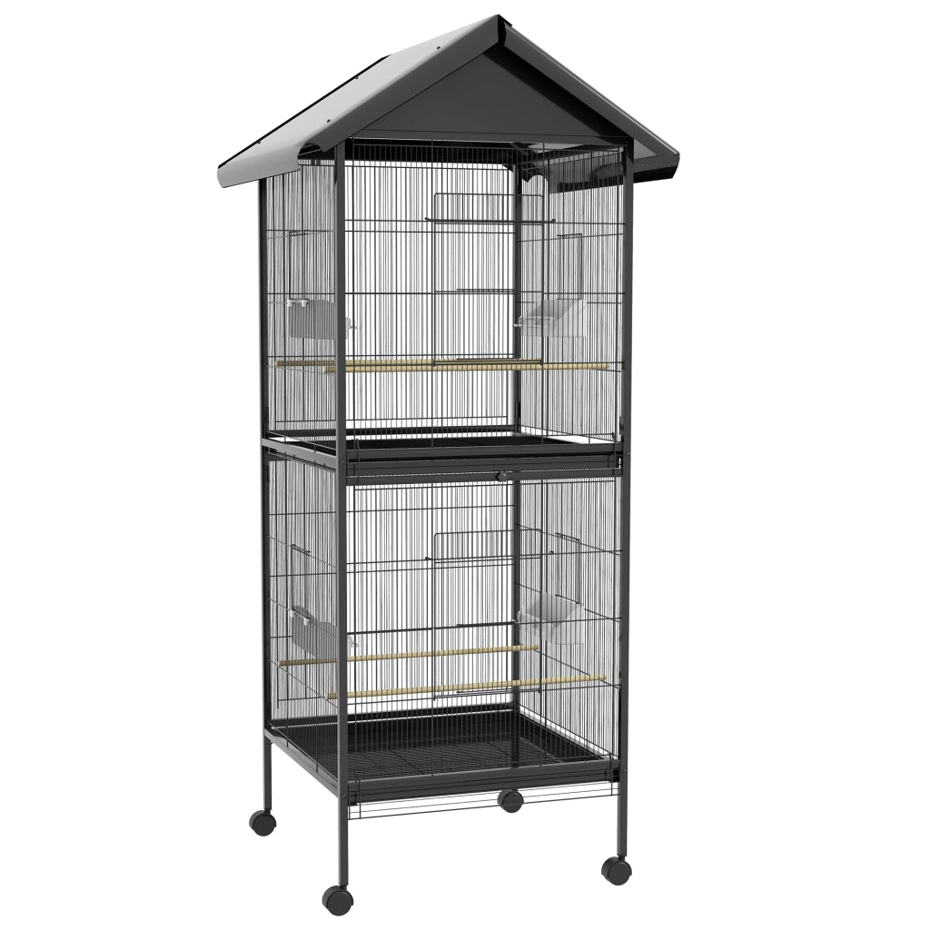 Voliera Gabbia per Uccelli 71,8x71,8x170,2 cm con Vassoi Estraibili in Plastica e Posatoi in Metallo Nero