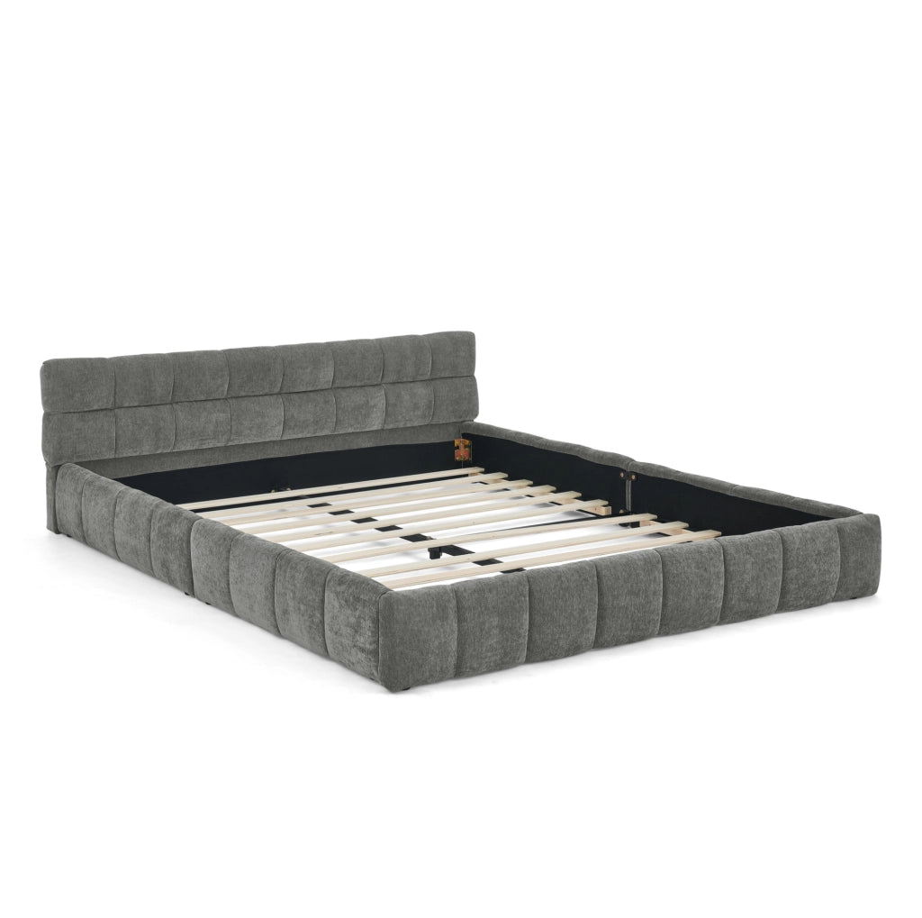 Letto matrimoniale 160x200 cm in chenille grigio scuro con struttura in eucalipto e ferro