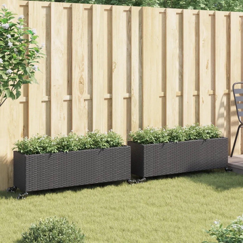 Fioriere da Giardino con Ruote 2pz Nere 107x32x38 cm Polyrattan 3210525