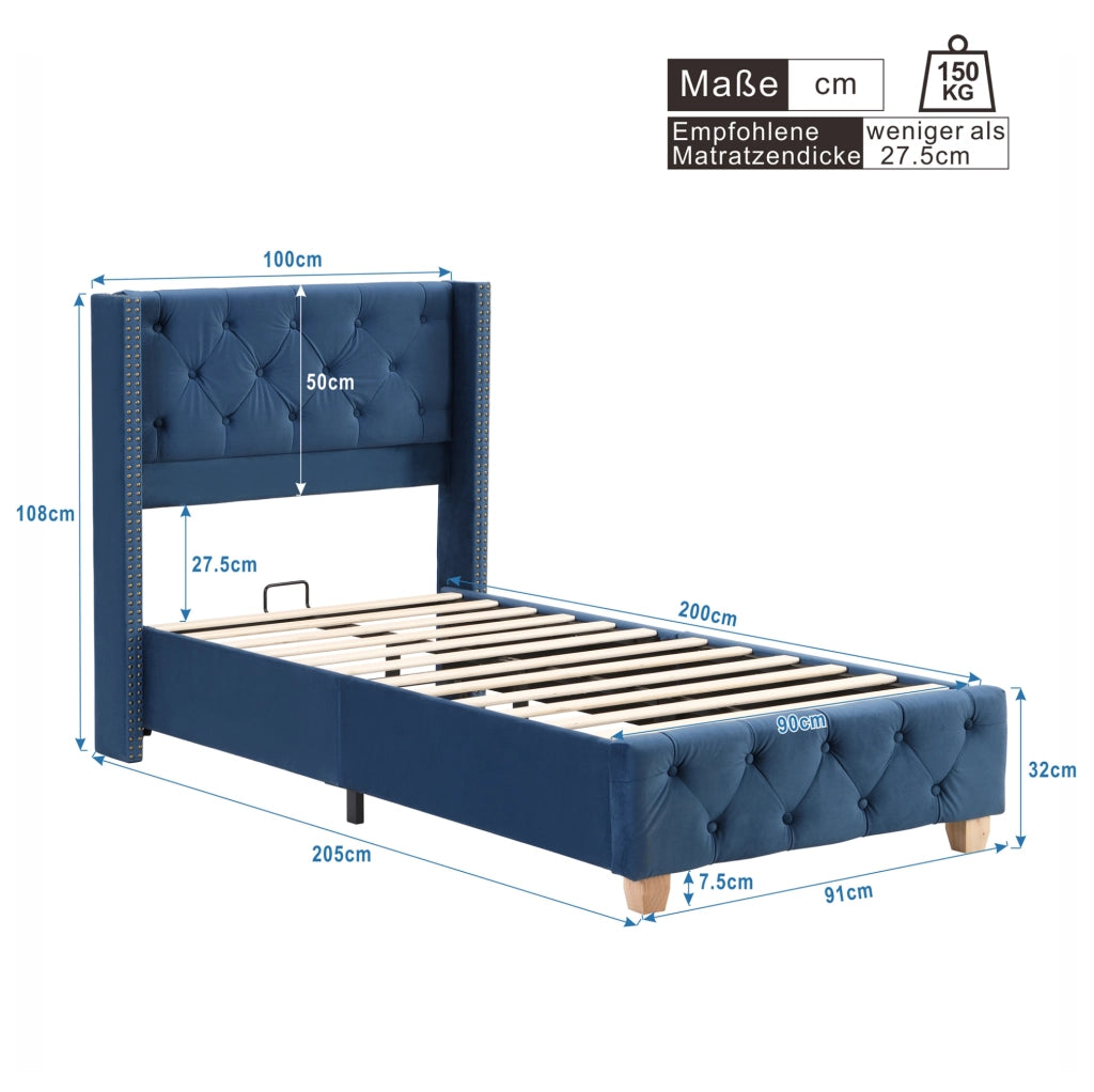 Letto imbottito 90x200 cm in velluto blu con testiera imbottita e rete a doghe