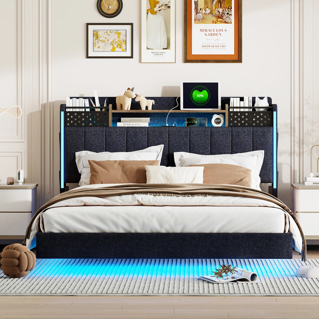 OKWISH Letto Matrimoniale 140×200 cm con USB, LED Regolabile e Contenitore, senza Materasso, in Tessuto Imbottito, Grigio