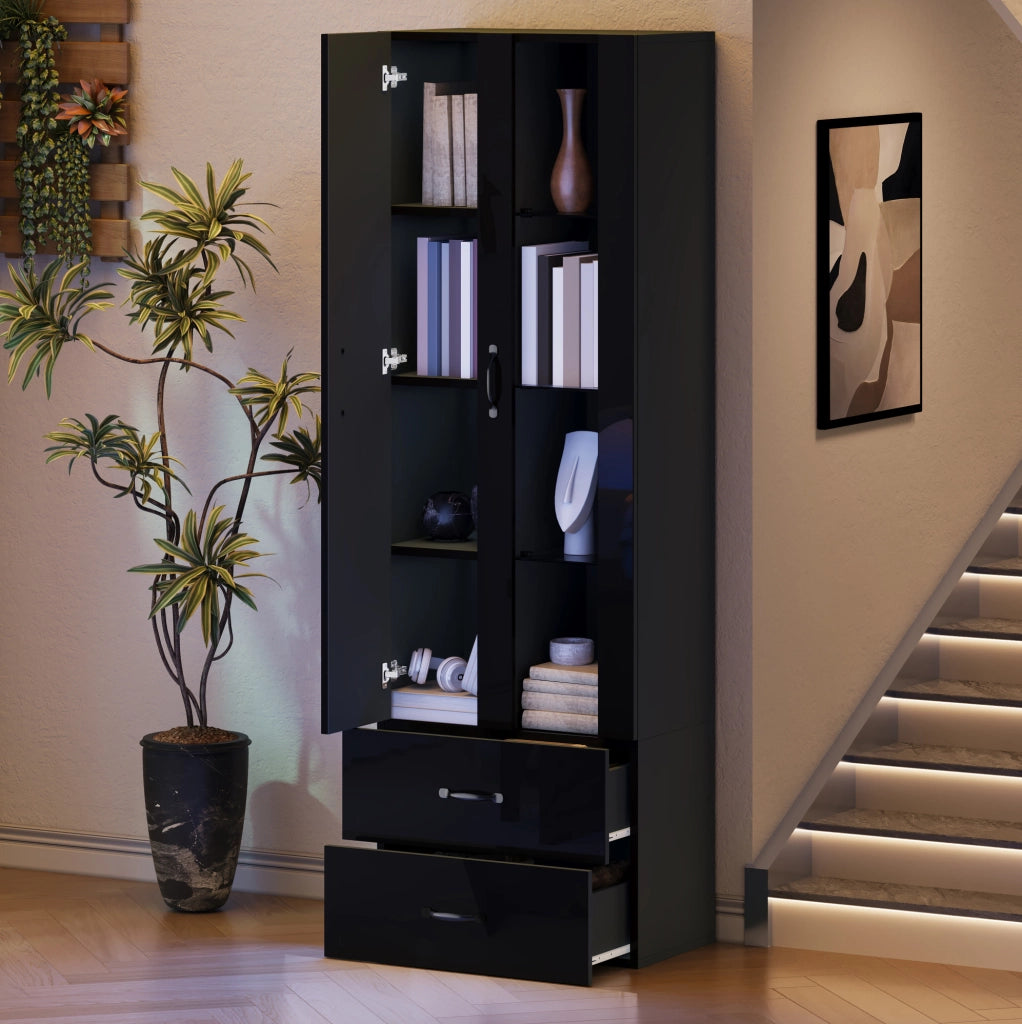 Vetrina LED 59,5x35x182 cm con 2 ante e 2 cassetti in truciolare nero