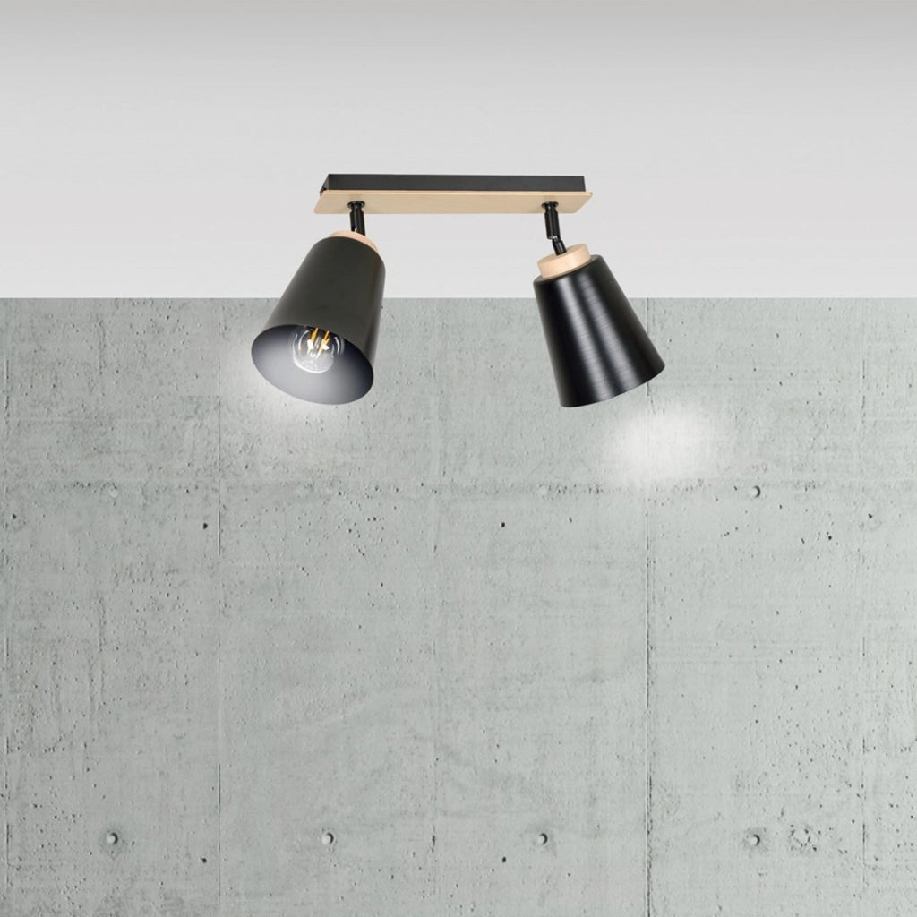 Faretto a soffitto ATLAS in acciaio nero e legno naturale