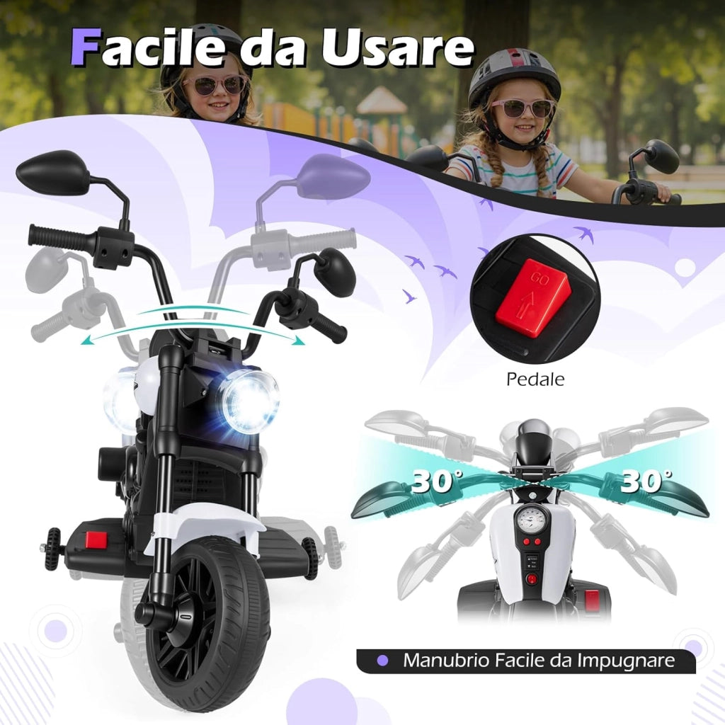 Moto Elettrica per Bambini, 6V Moto Cavalcabile con 2 Ruote di Supporto, Pedale, Fari e Musica, 2,4 km/h, per Bambini 3 Anni+, 79x58x56 cm (Bianco)