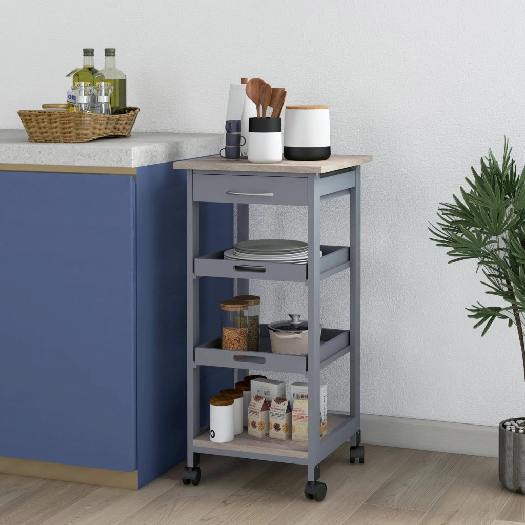 Carrello da cucina con 2 ripiani amovibili, cassetto e scaffale ¨C zephmum ¨C legno di pino grigio e quercia chiaro