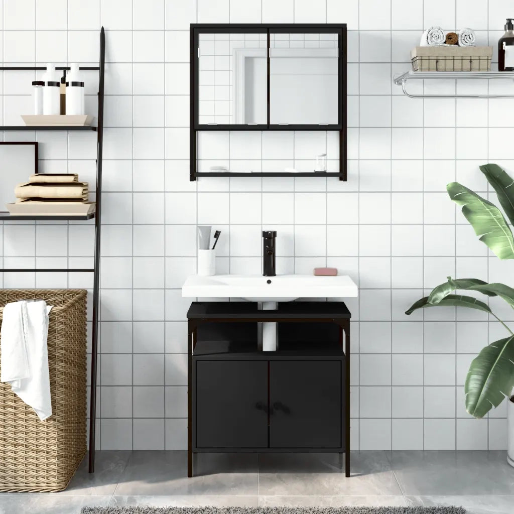 Set Mobili da Bagno 2 pz Nero in Legno Multistrato 3214655