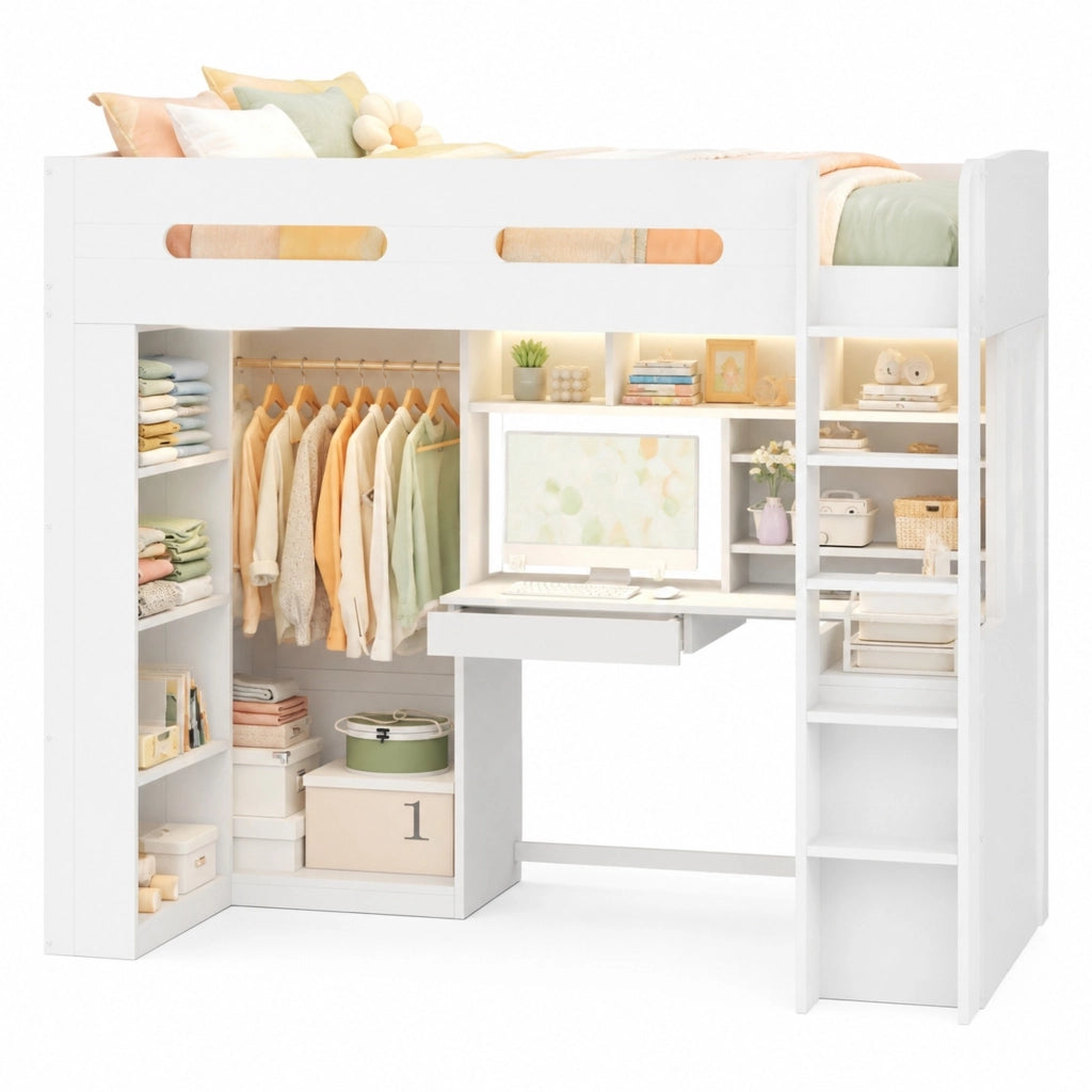 Letto a Soppalco 90x200 cm; Letto Singolo - Scrivania; Cassetto; LED - Bianco