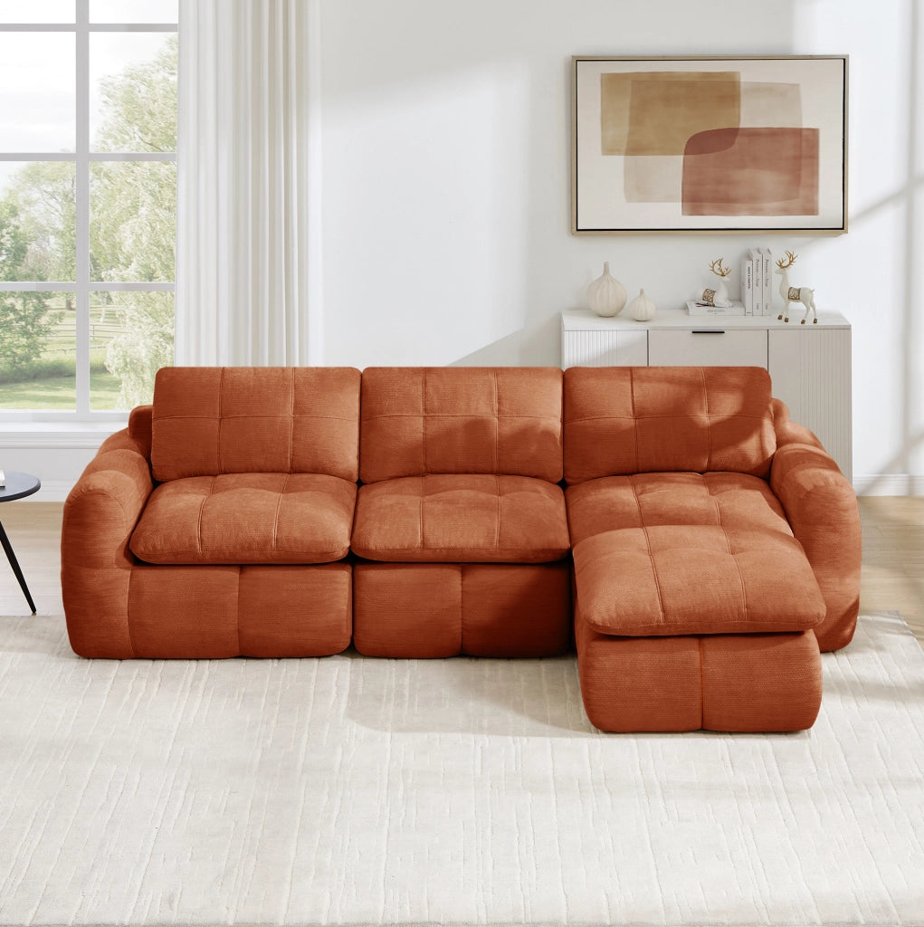 Divano modulare in ciniglia arancione; 264 x 160 x 68 cm