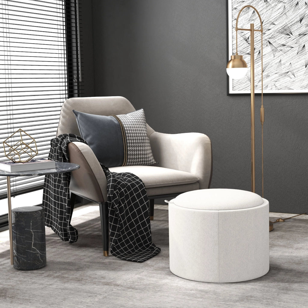 Ottomana rotonda con contenitore, coperchio ribaltabile, effetto lino, bianco crema, Ø56 x 42 cm