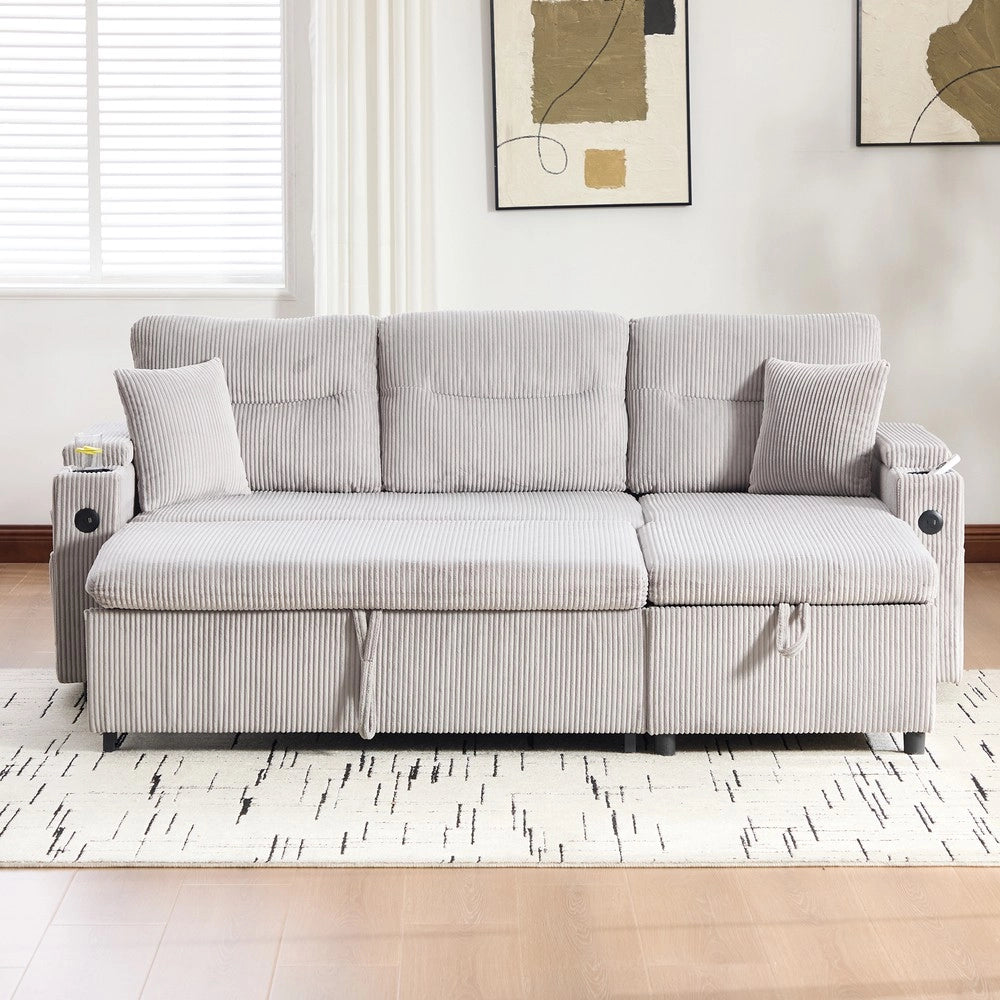 Divano 3 posti con contenitore e chaise longue ¨C Minimal ¨C Grigio corda, idraulico, con porta bevande e USB-C