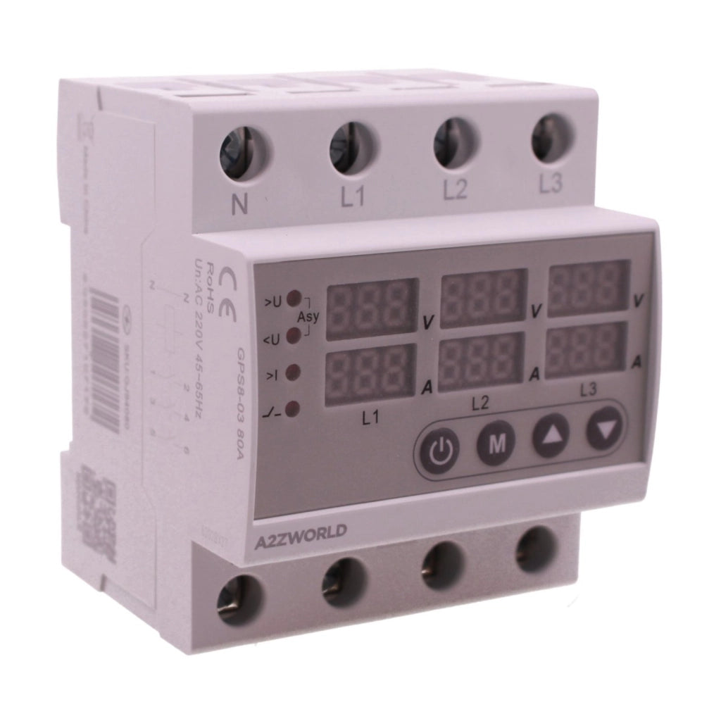 Relè Monitoraggio e Protezione Tensione Corrente con Display, 4P Trifase 80A AC220V, Protezione Sovra/Sottotensione e Sovracorrente, Guida DIN, Ingresso da Sotto, GPS8-03