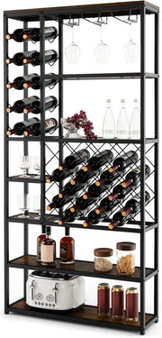 Scaffale da Cucina con 27 Bottiglie, Scaffale per Vino con 7 Livelli di Ripiani e 3 File di Portabicchieri, Scaffalatura in Legno, Mobile Porta Microonde per Sala da Pranzo, 81 x 23 x 166 cm