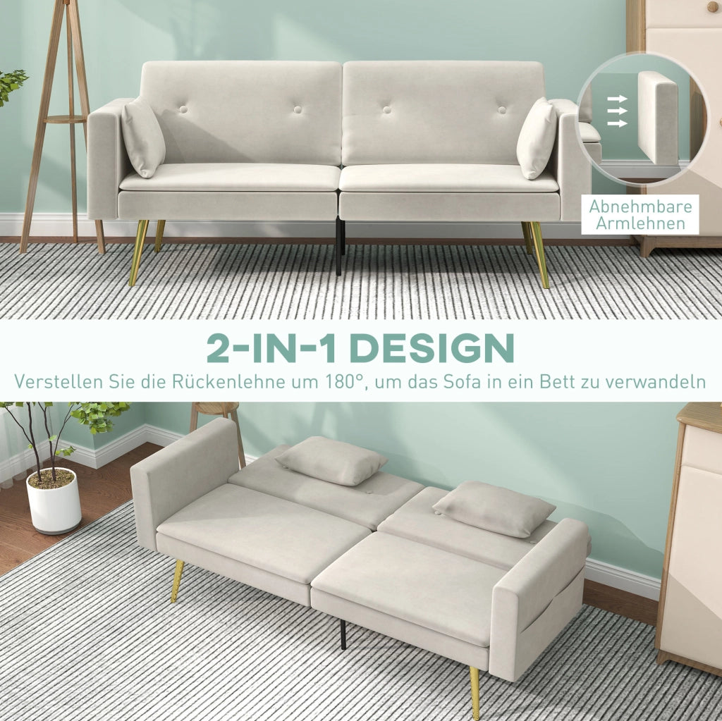 Divano letto imbottito beige con schienale regolabile, tasche laterali e due cuscini confortevoli