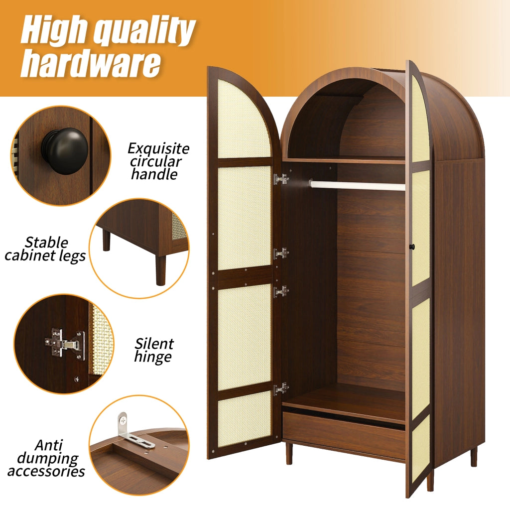 Armadio con ante curve e inserto in rattan, 1 asta appendiabiti, cassetti, per ingresso e camera, 80 × 50 × 179 cm