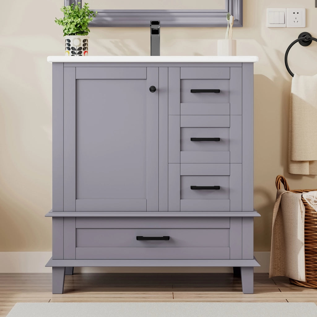 Mobile sottolavabo con lavabo in ceramica, tre cassetti e anta, freestanding, grigio 76 × 46 × 83,5 cm