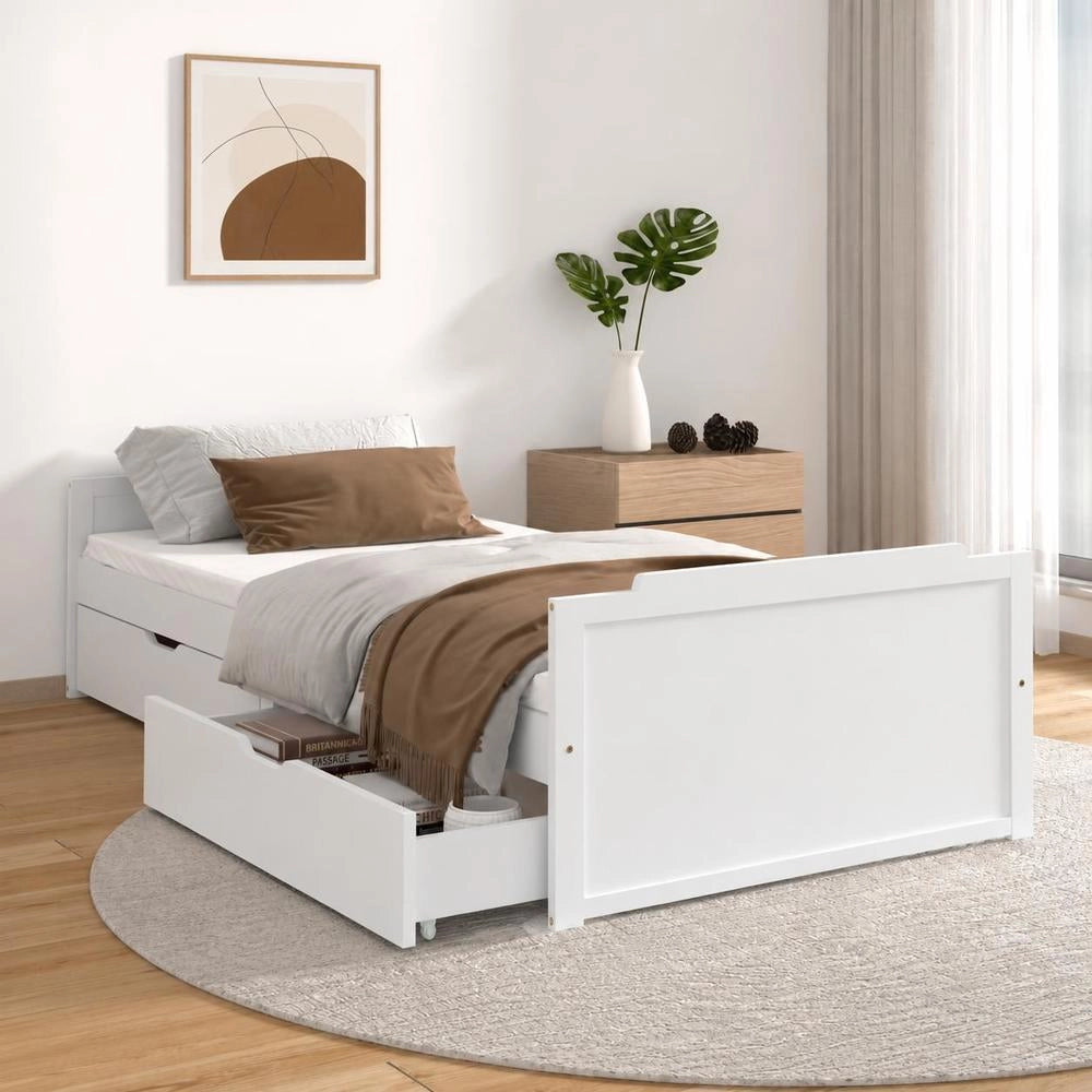 Solid Wood Bed With Drawers, White Pine, 90x200 Cm