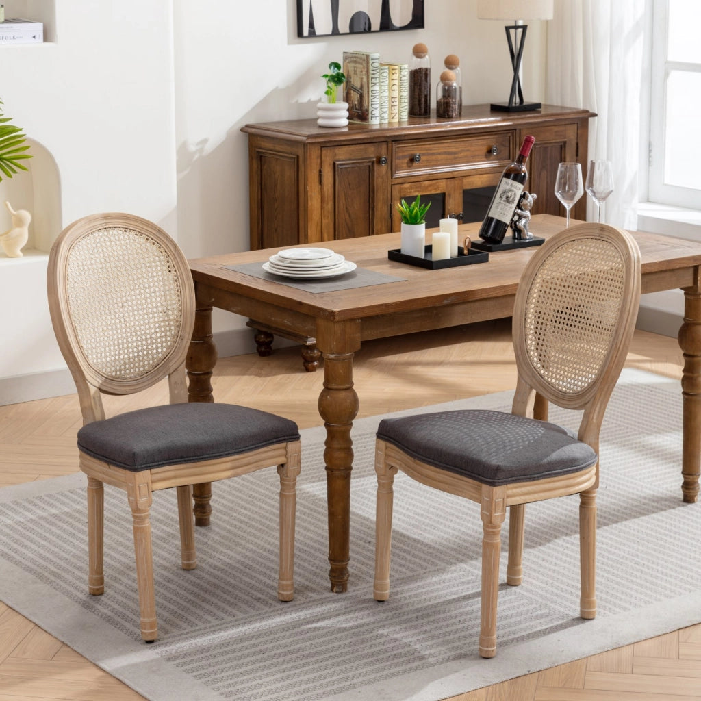 Sedie da Pranzo in Legno Massello e Rattan con Schienale ¨C MINIMAL ¨C Set 2 Pezzi, Grigio