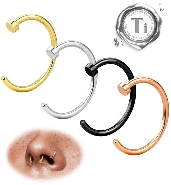 Impianto di piercing ipoallergenico per naso, set per septum, con 4 anelli, in titanio G23, leggero e in acciaio inossidabile.