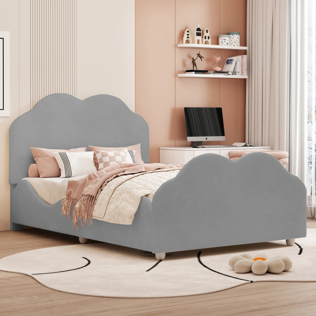 DESMIU Letto per bambini 1 posto con barriera, testiera e pediera a nuvola, 90 × 200 cm, senza materasso, grigio