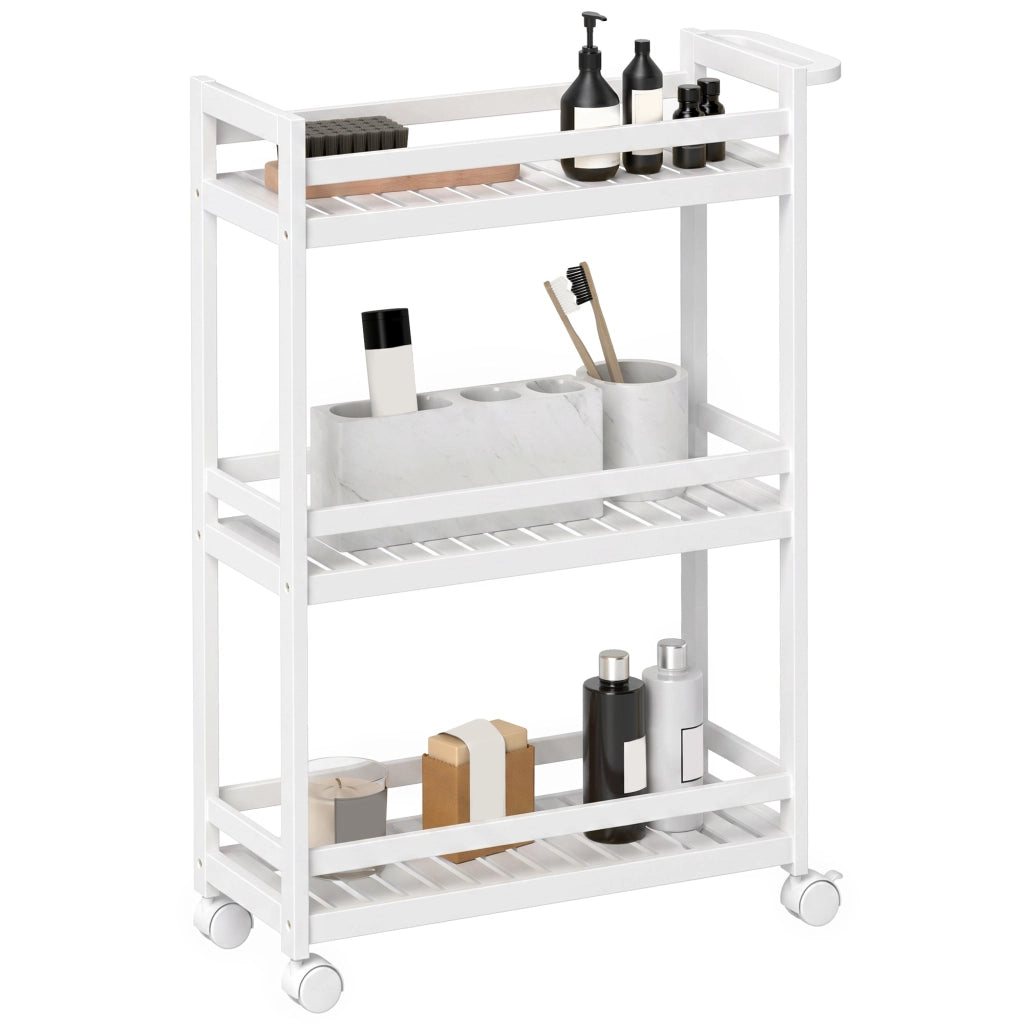 Carrello di servizio, 3 ripiani, ripiani a doghe, protezione anticaduta, bamb¨´, 55 x 20 x 75 cm