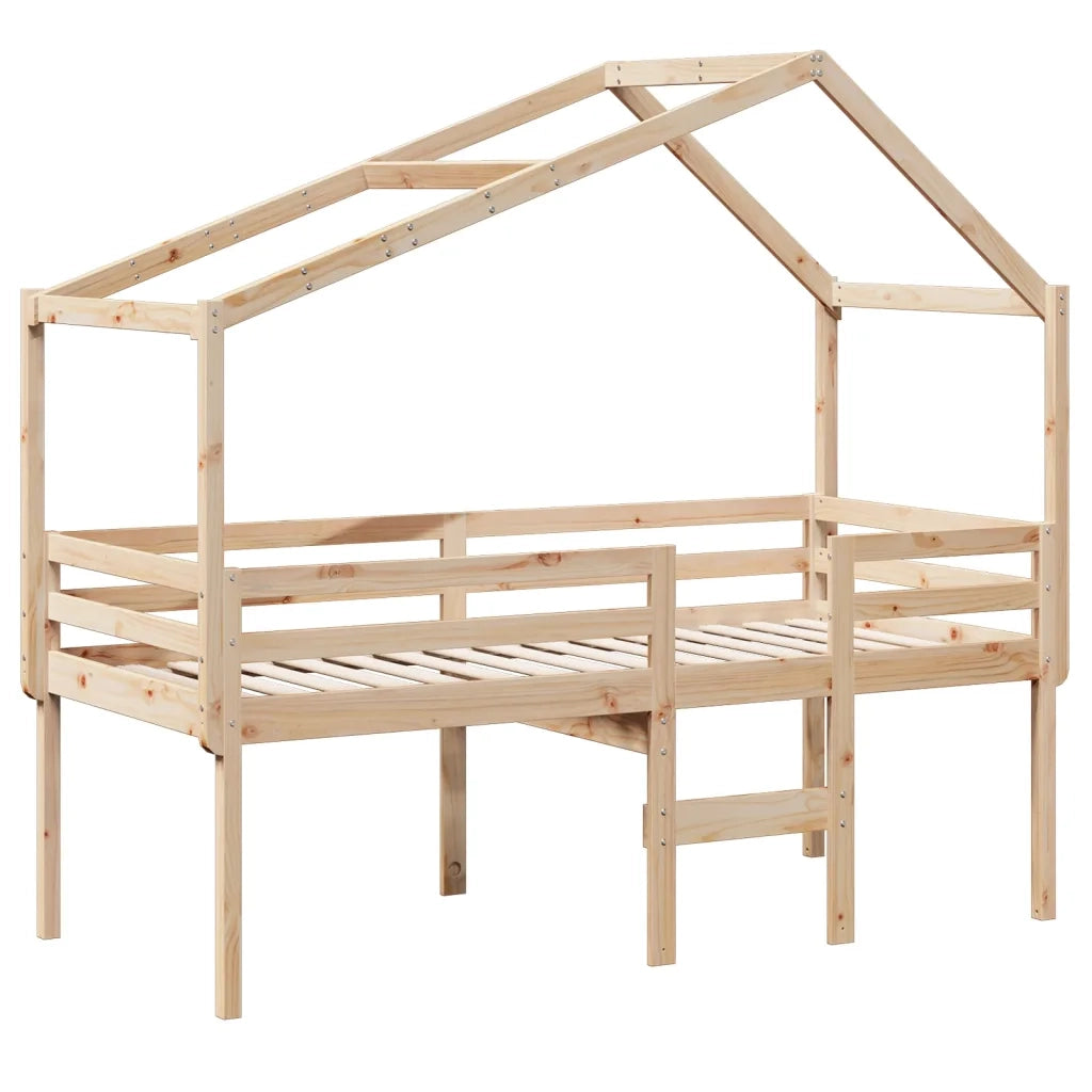 Letto a Soppalco con Tetto 75x190 cm in Legno Massello di Pino