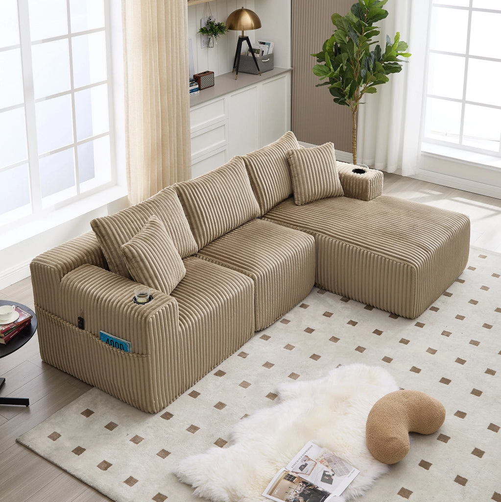 Divano modulare con chaise longue e 2 posti; rivestimento in velluto a coste color khaki; 257 cm