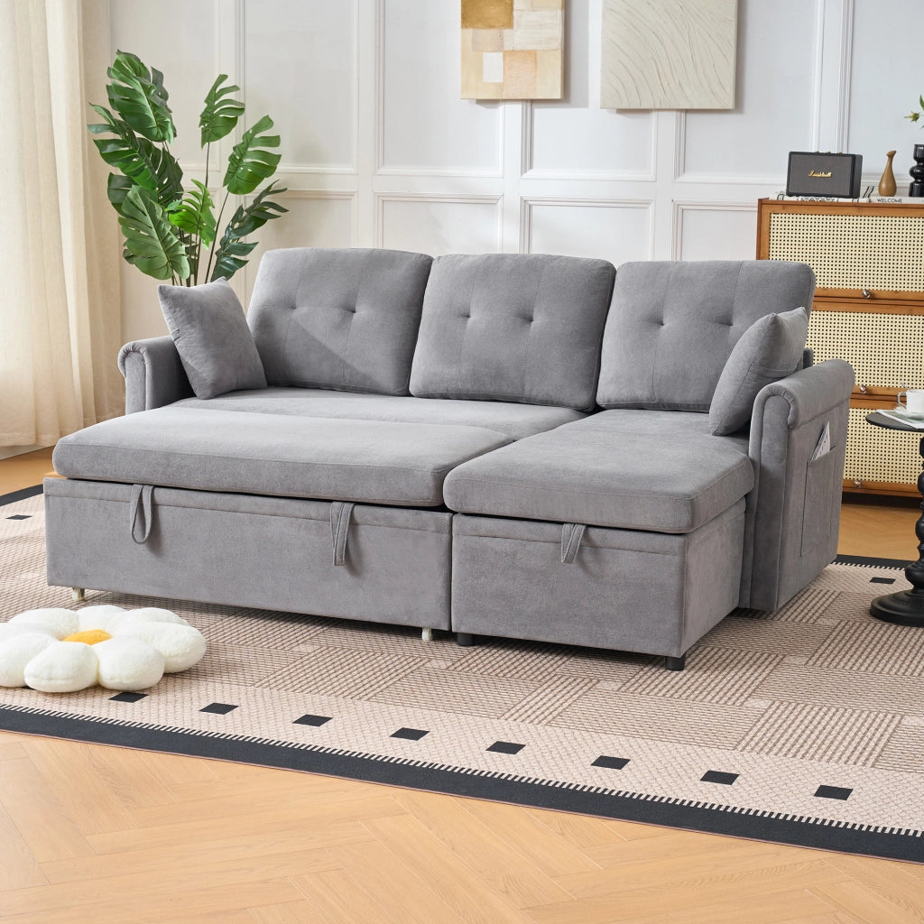 Divano angolare convertibile con vano contenitore e funzione letto chaise longue reversibile in ciniglia grigia