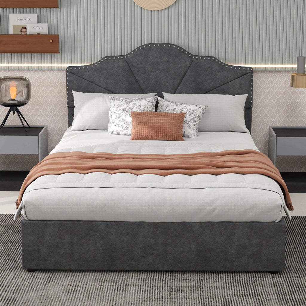 Letto Contenitore Imbottito ¨C MINIMAL ¨C Grigio 160x200 con Testiera, Doghe e Sollevamento Idraulico