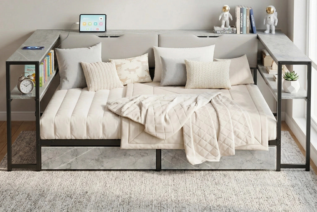 Letto imbottito 140 x 200 cm grigio con cassetti, vani e ricarica USB Type-C