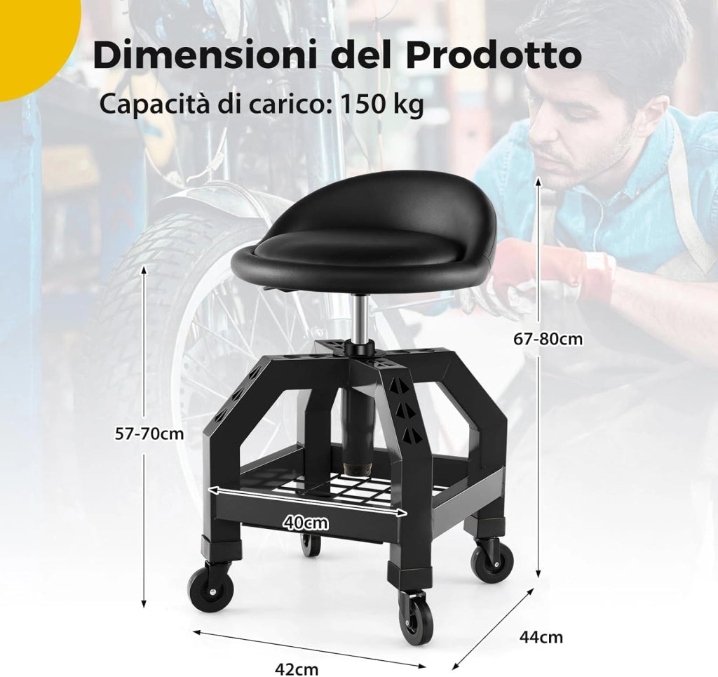 Sgabello da Officina, Sgabello Meccanico Rotante con Vassoio Porta Attrezzi, Regolabile in Altezza e 4 Ruote Universali, Capacità di 150 kg, per Garage, Officina (Nero)
