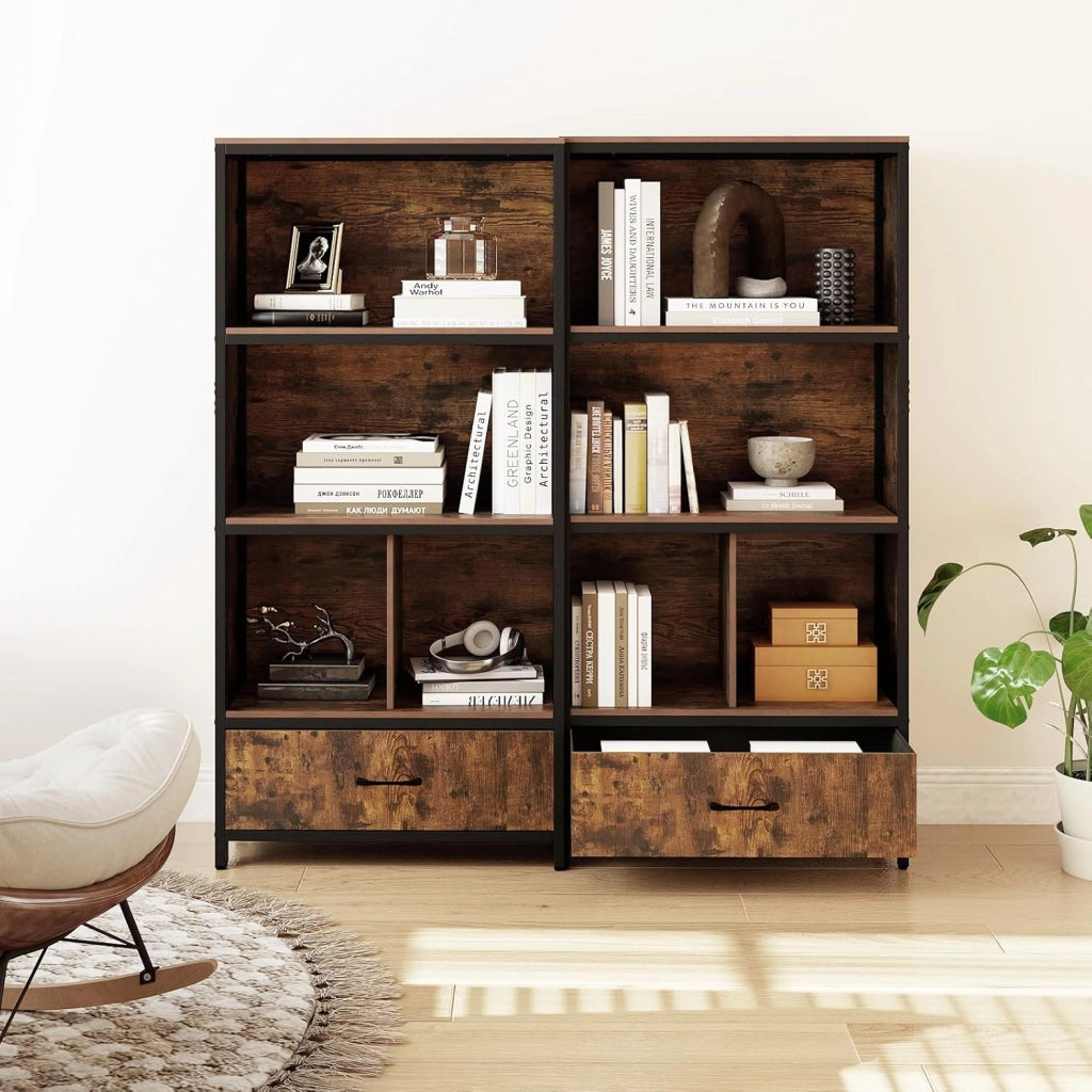 Libreria Scaffale a 3 Livelli, Mobile Alto con 4 Scomparti 1 Cassetto in Tessuto Pieghevole e 2 Dispositivi Antiribaltamento, per Studio e Ufficio, 68x30,5x151,5 cm (Marrone)