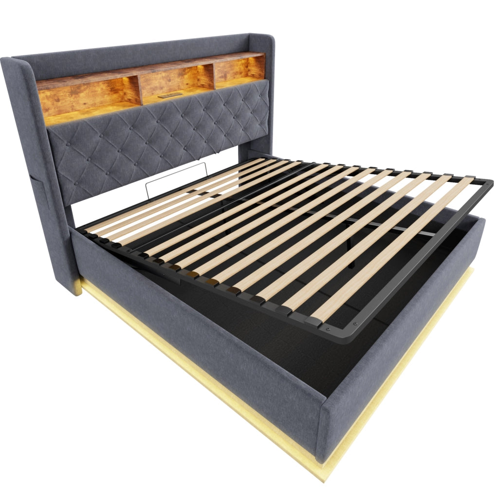Letto imbottito 180x200 cm con LED multicolore e USB; lino; grigio