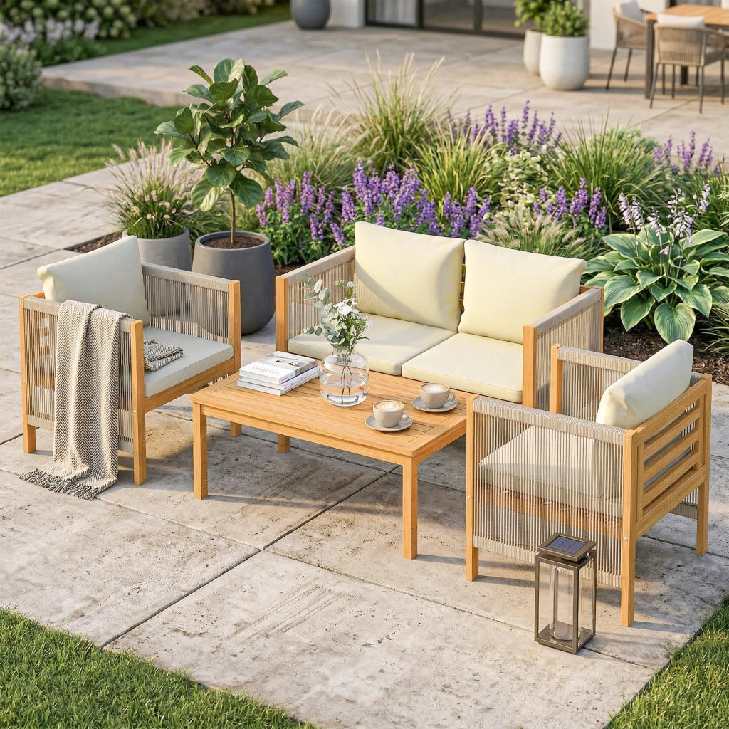Set Giardino 4 Pezzi Legno Acacia Cuscini Esterni ¨C zephmum ¨C Corde Tessute Naturali