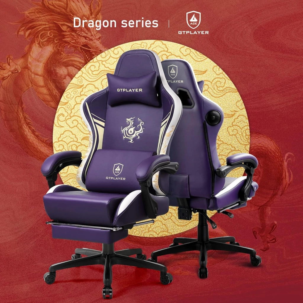 Sedia Gaming Ergonomica Poltrone con Altoparlanti Bluetooth e Poggiapiedi Sedia Gamer Reclinabile Serie Dragon Sedia Ufficio con Poggiatesta e Cuscino Lombare per Lavoro e Gioco Viola